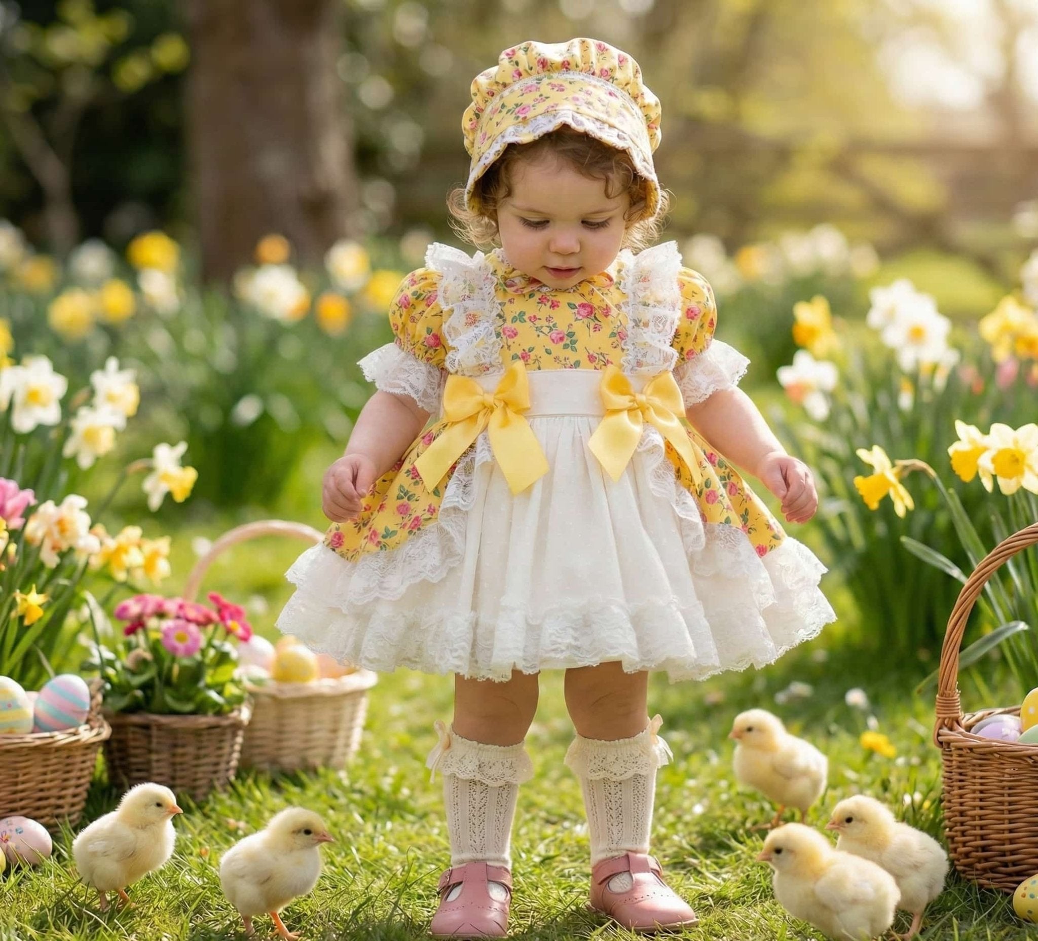 Sonata Made to Order Girls Yellow Floral Print Puffball Dress