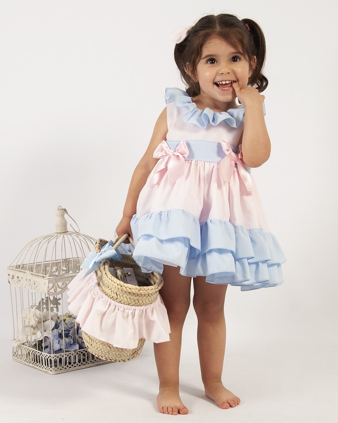 Sonata SS25 - Baby Girl's Blue & Pink Bow Dress - Mariposa Children's Boutique