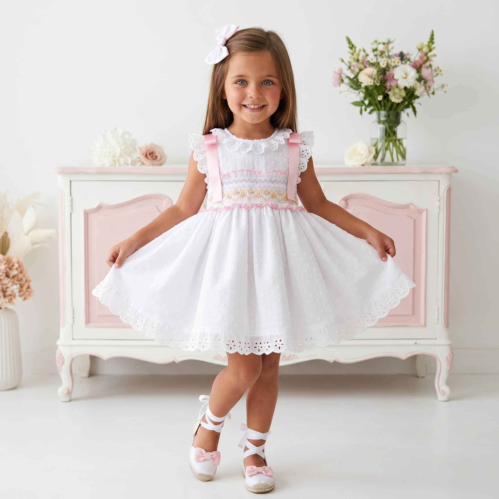 Sonata SS26 Girls White & Pink Smocked Dress | Made to Order, 3m Sonata SS26 Girls White & Pink Smocked Dress | Made to Order, 3m