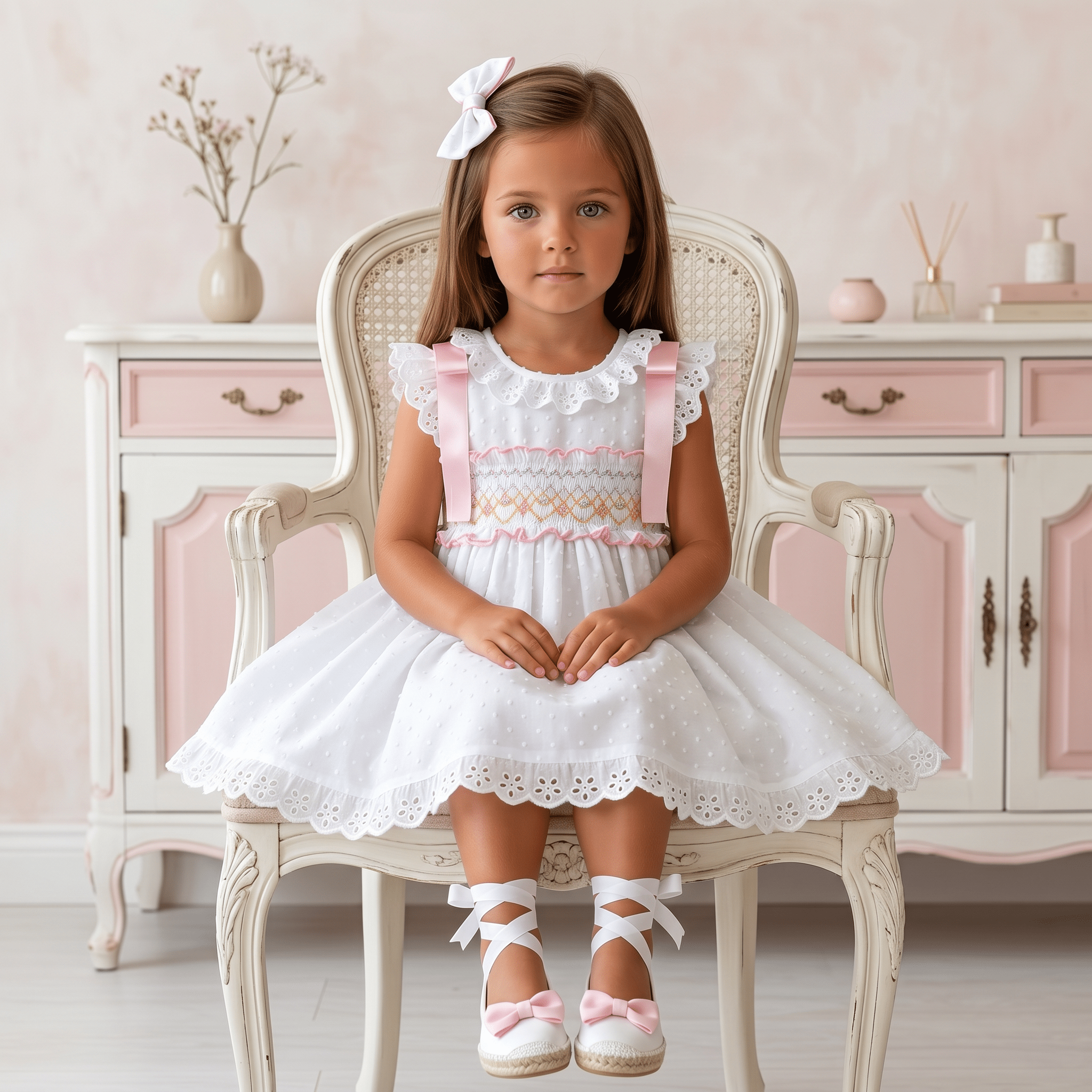 Sonata SS26 Girls white smocked Spanish dress with pink ribbon detail, broderie anglaise trims and full skirt