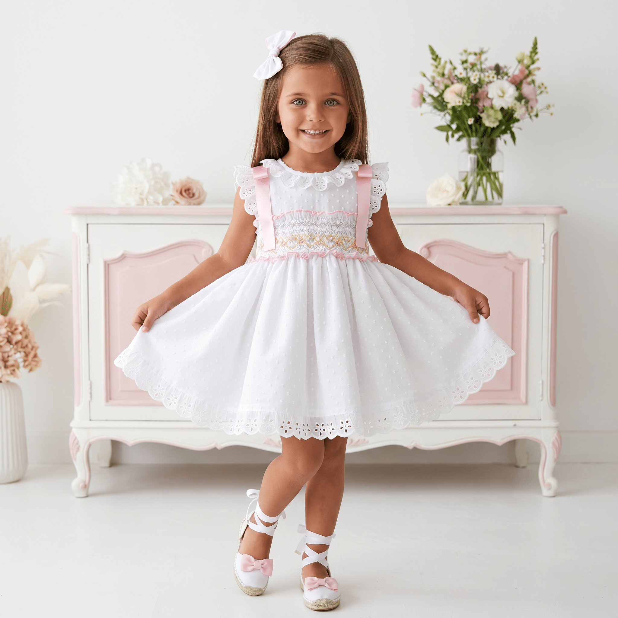 Girls white smocked Spanish dress with pink ribbon detail, broderie anglaise trims and full skirt