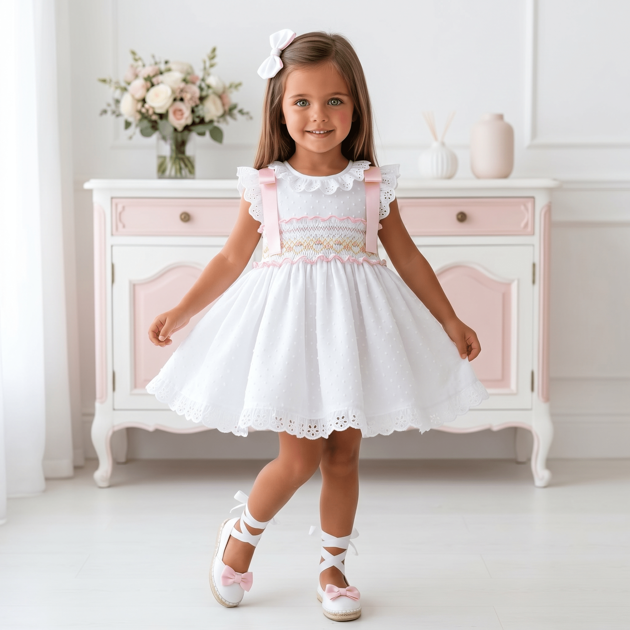 Girls white smocked Spanish dress with pink ribbon detail, broderie anglaise trims and full skirt