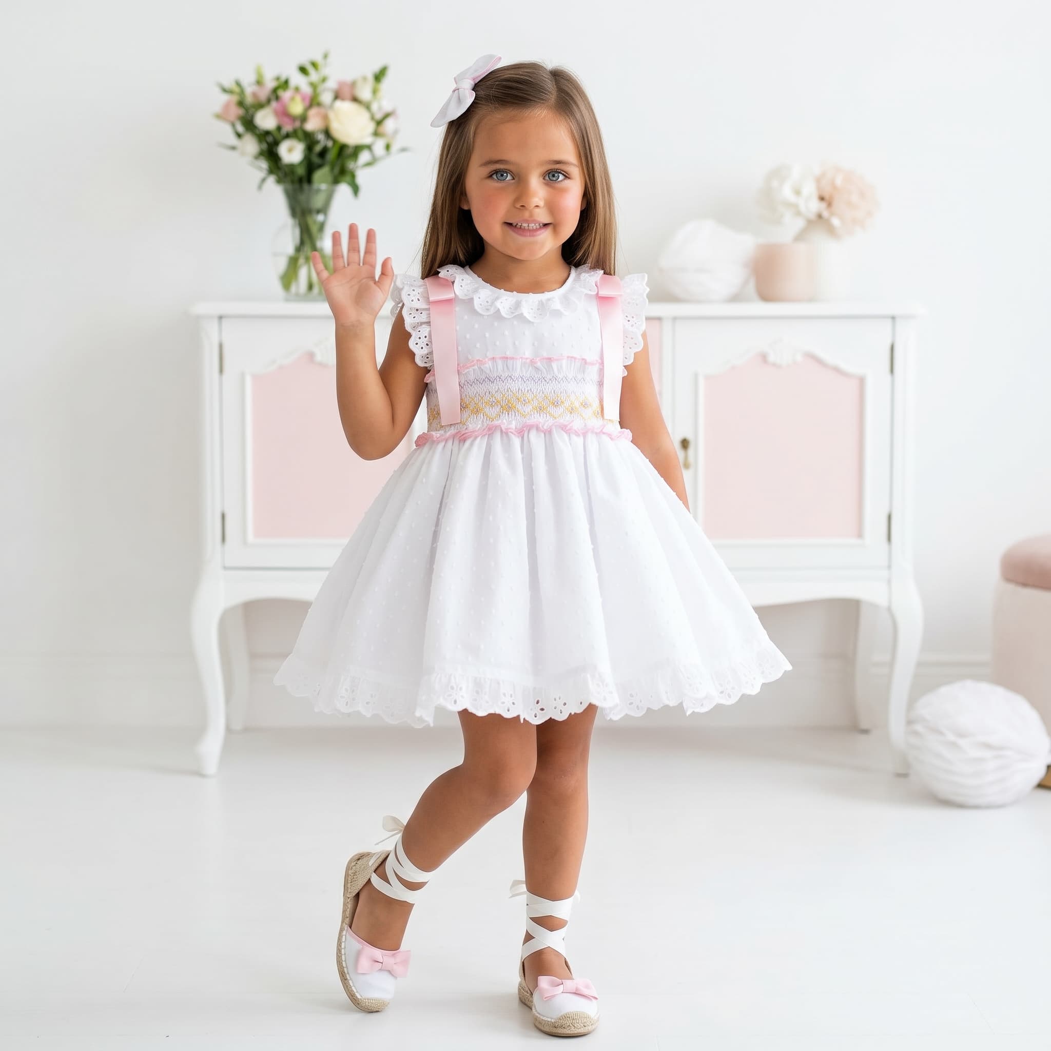Sonata Girls White & Pink Smocked Dress