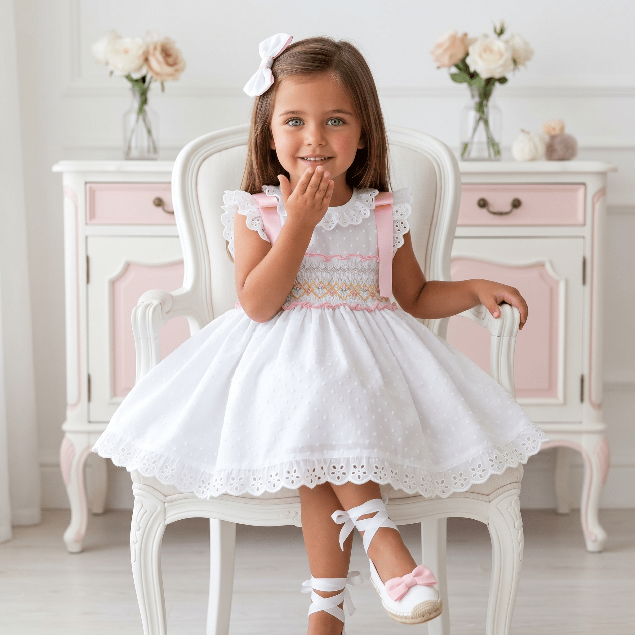 Girls white & pink smocked Spanish dress with pink ribbon detail, broderie anglaise trims and full skirt