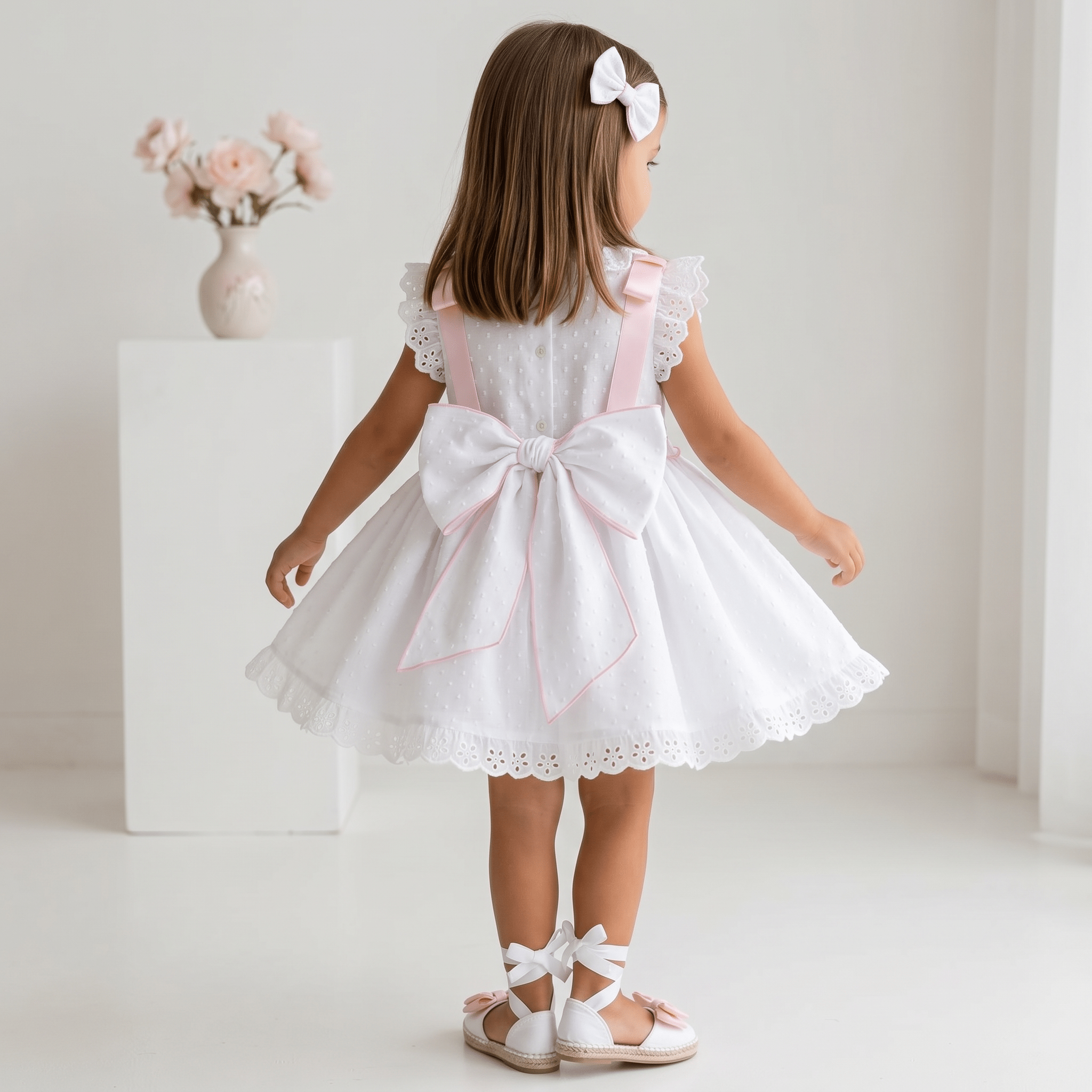 Sonata SS26 Girls white smocked Spanish dress with pink ribbon detail, broderie anglaise trims and full skirt