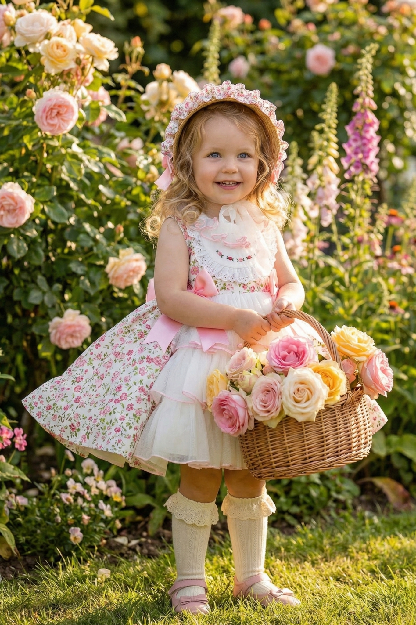 Sonata SS26 Made to Order - Girls Cream and Pink Floral Print Puffball Dress