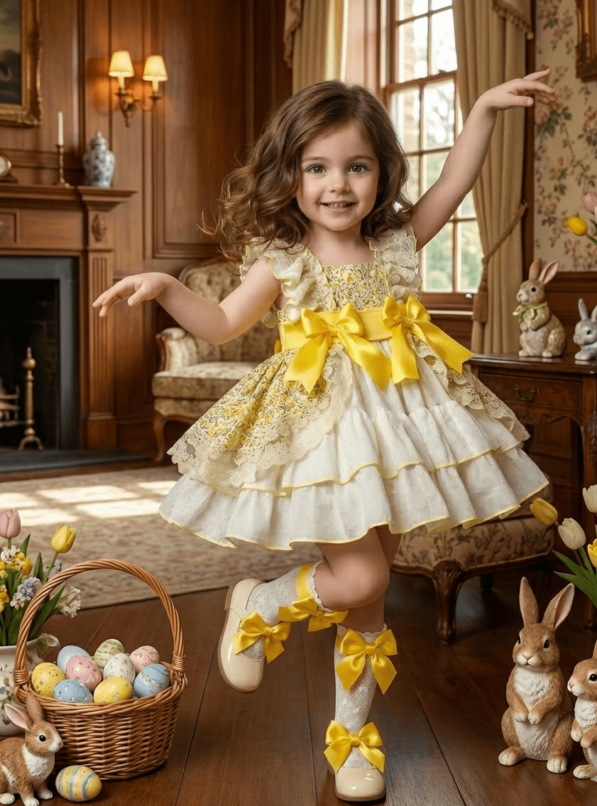 Sonata SS26 Made to Order - Girls Cream and Yellow Floral Print Puffball Dress