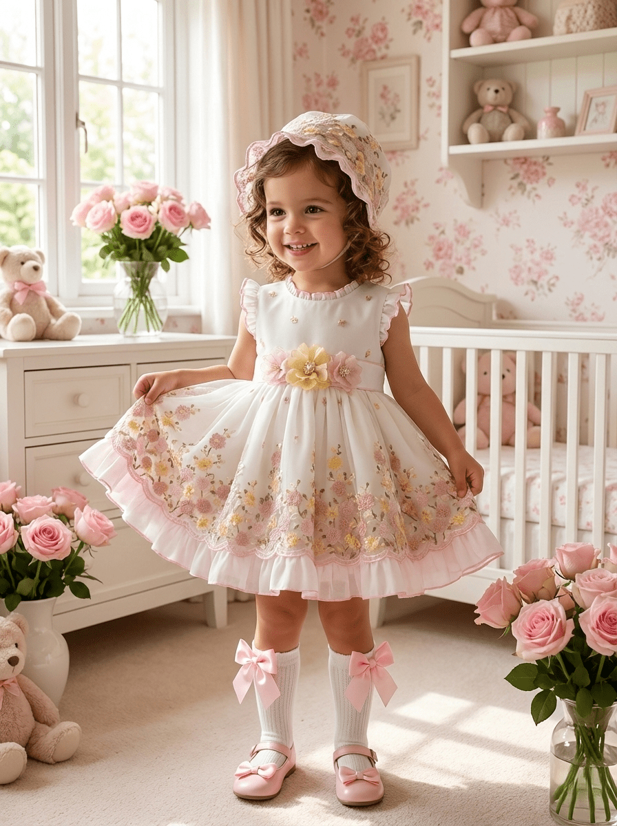 Sonata SS26 Made to Order - Girls White, Pink and Yellow Puffball Dress