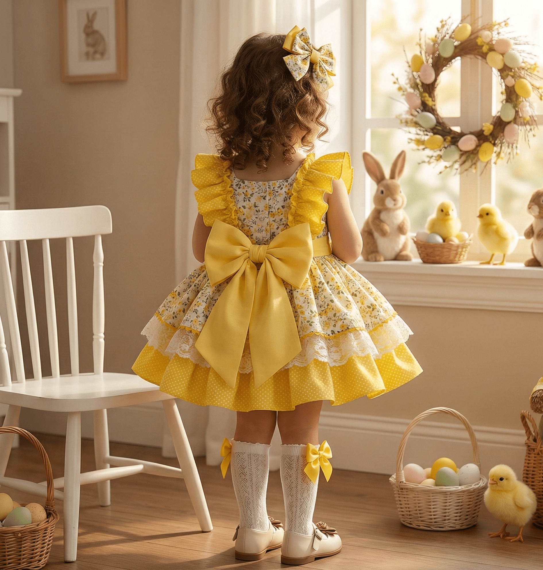 Sonata SS26 Made to Order - Girls Yellow Ruffle Front Floral Puffball Dress