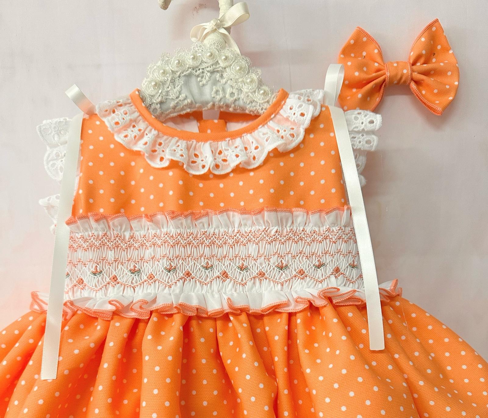 Sonata SS26 Orange Polka Dot Smocked Dress & Hair Bow