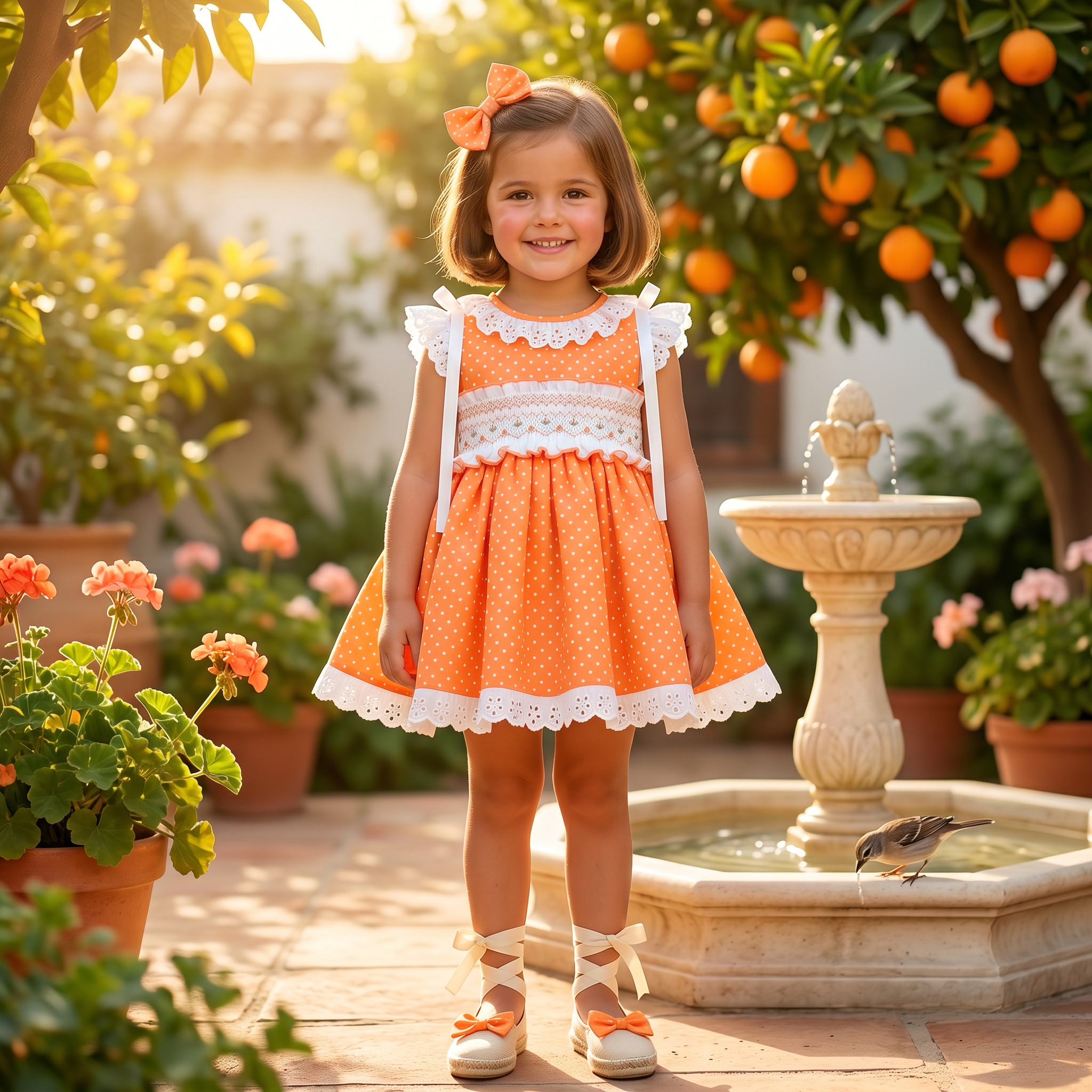 Sonata SS26 Orange Polka Dot Smocked Dress & Hair Bow