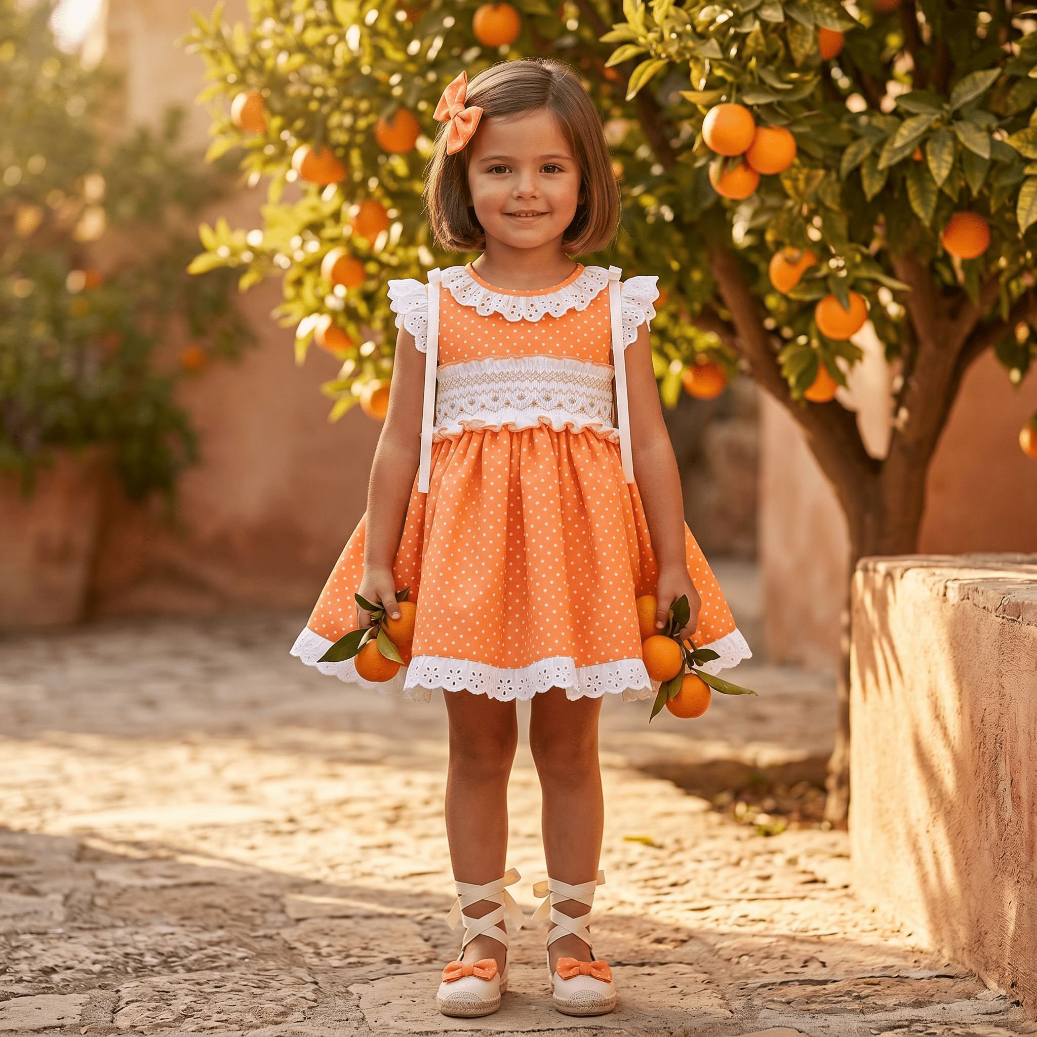 Sonata SS26 Orange Polka Dot Smocked Dress & Hair Bow