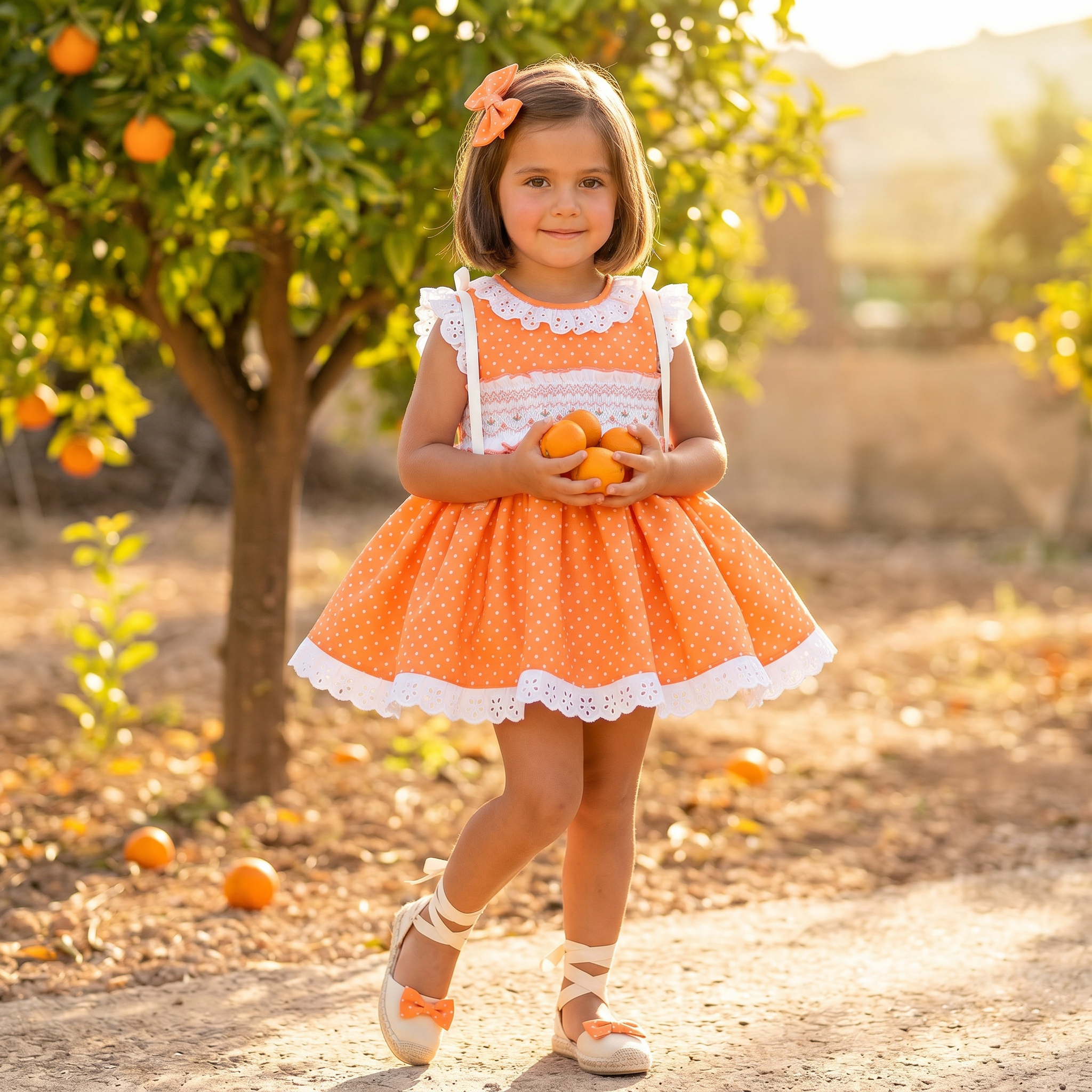 Sonata SS26 Orange Polka Dot Smocked Dress & Hair Bow