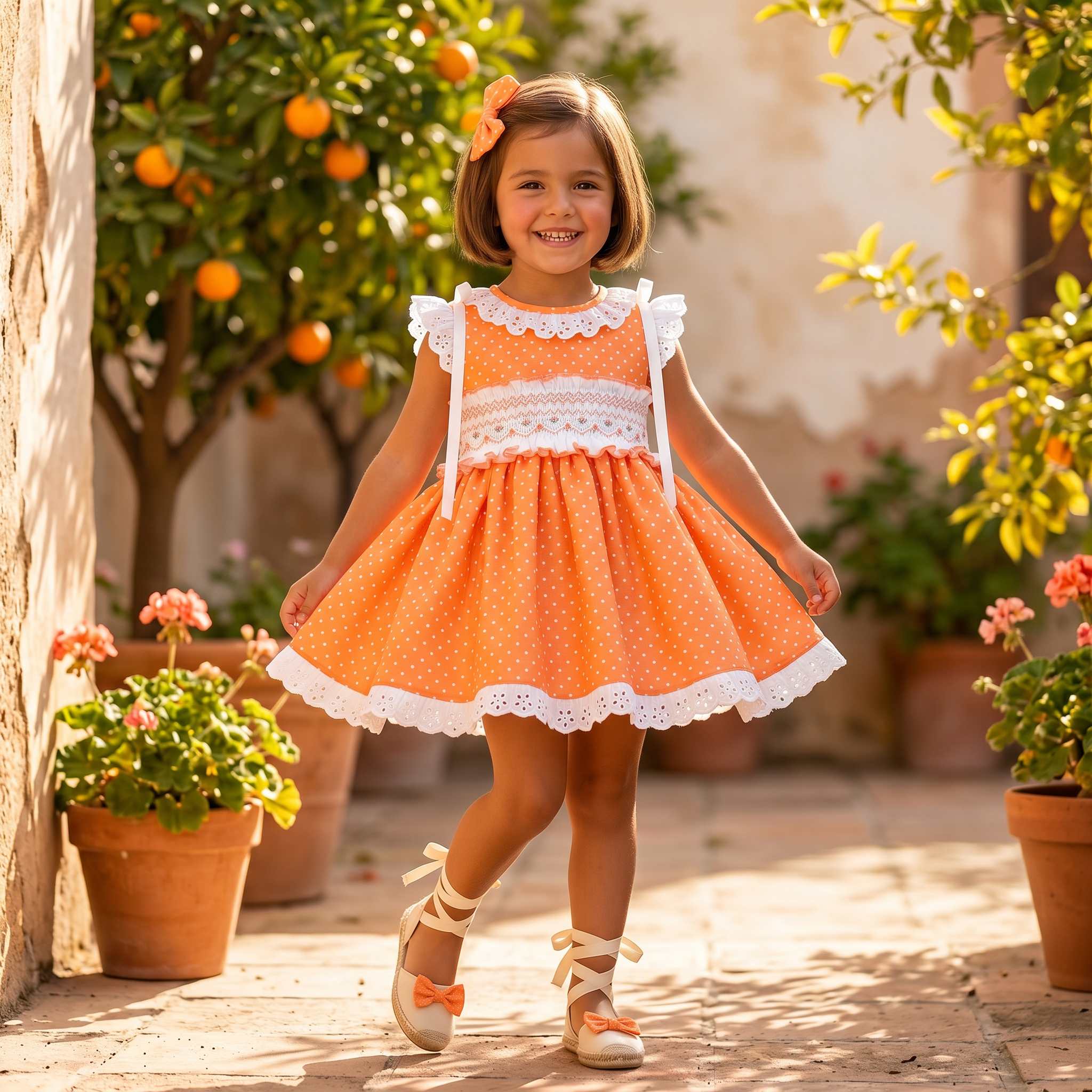Young girl in an Sonata orange smocked dress with white lace trim standing in a sunlit outdoor setting with plants and fruit trees.