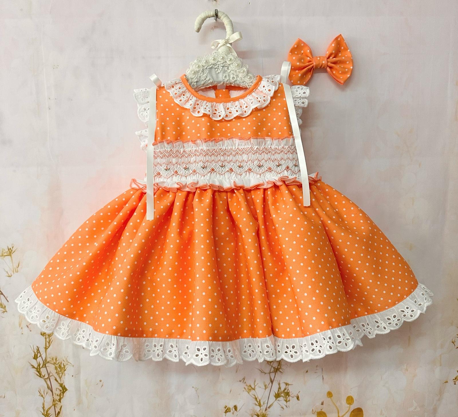 Sonata SS26 Orange Polka Dot Smocked Dress & Hair Bow