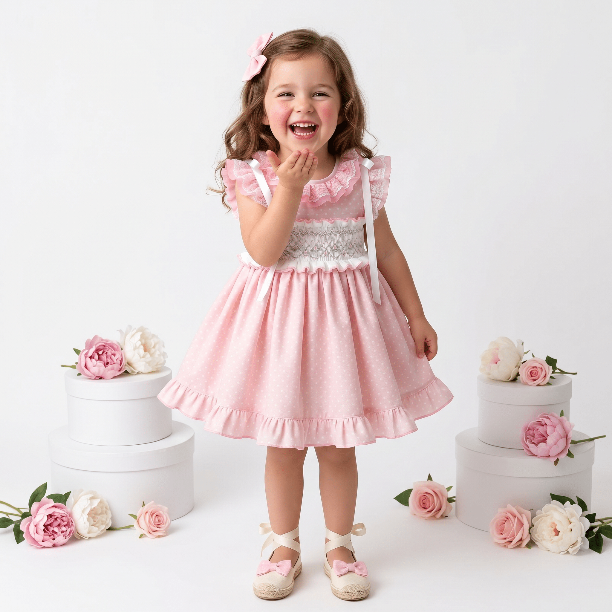Young Girls pink smocked Spanish dress with lace collar, ribbon shoulder details and matching pink bow