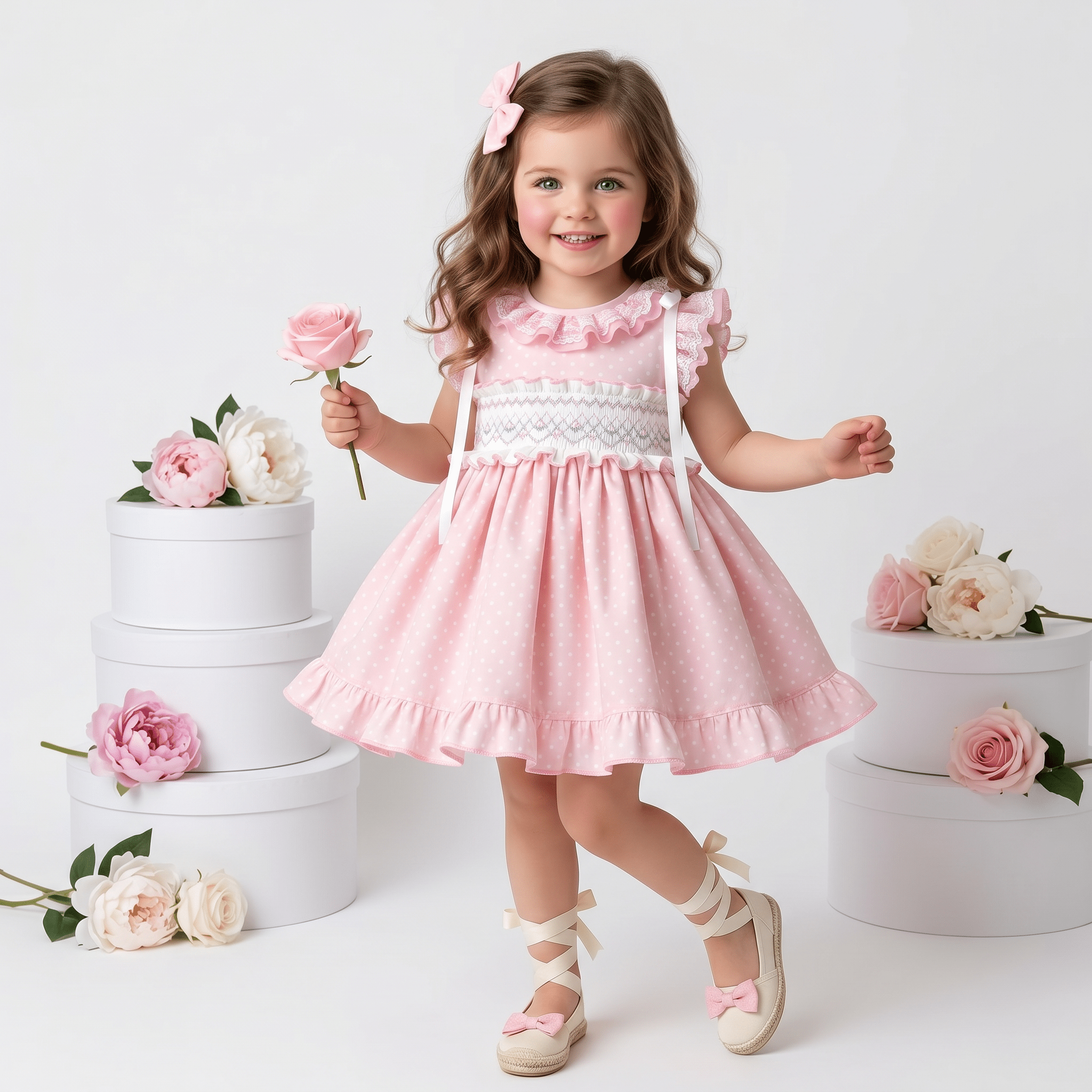 Girls pink smocked Spanish dress with lace collar, ribbon shoulder details and matching pink bow