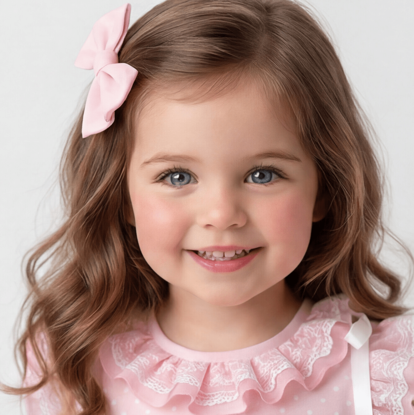 Young girl with a pink bow in her hair wearing a pink dress with lace details.