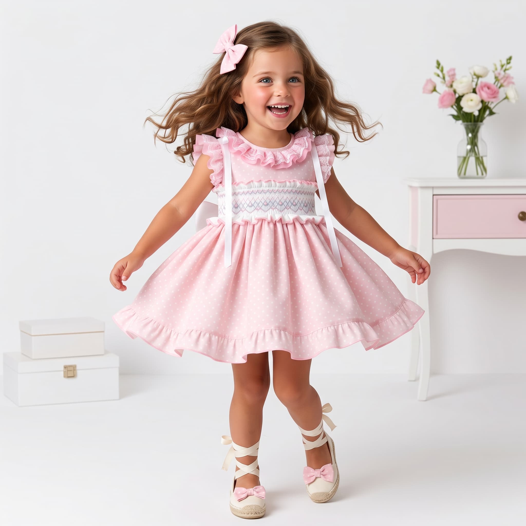 Young girl in a pink smocked Sonata dress with ruffles standing in a bright room.