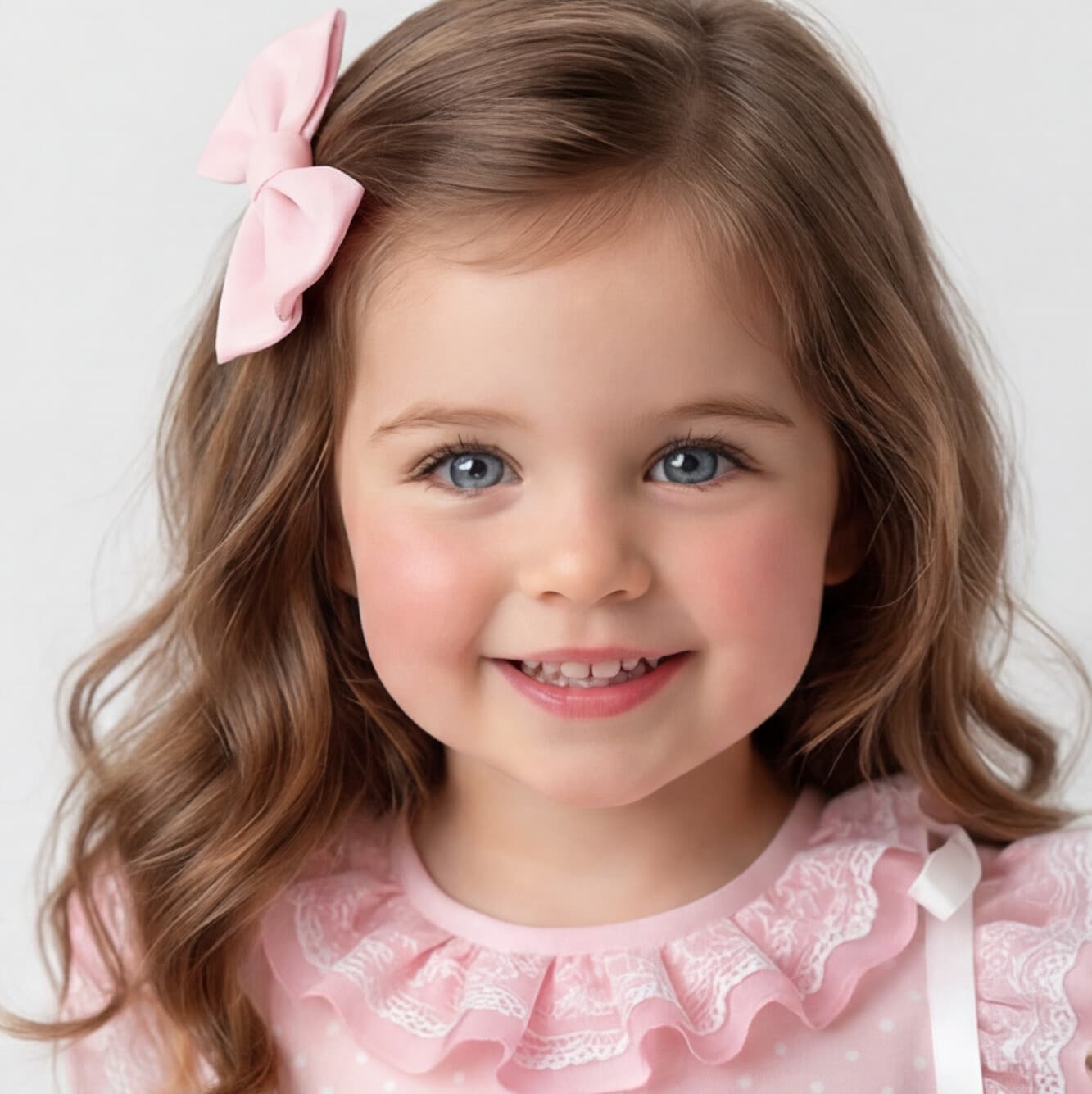 Young girl with a pink bow in her hair wearing a pink dress with lace details.