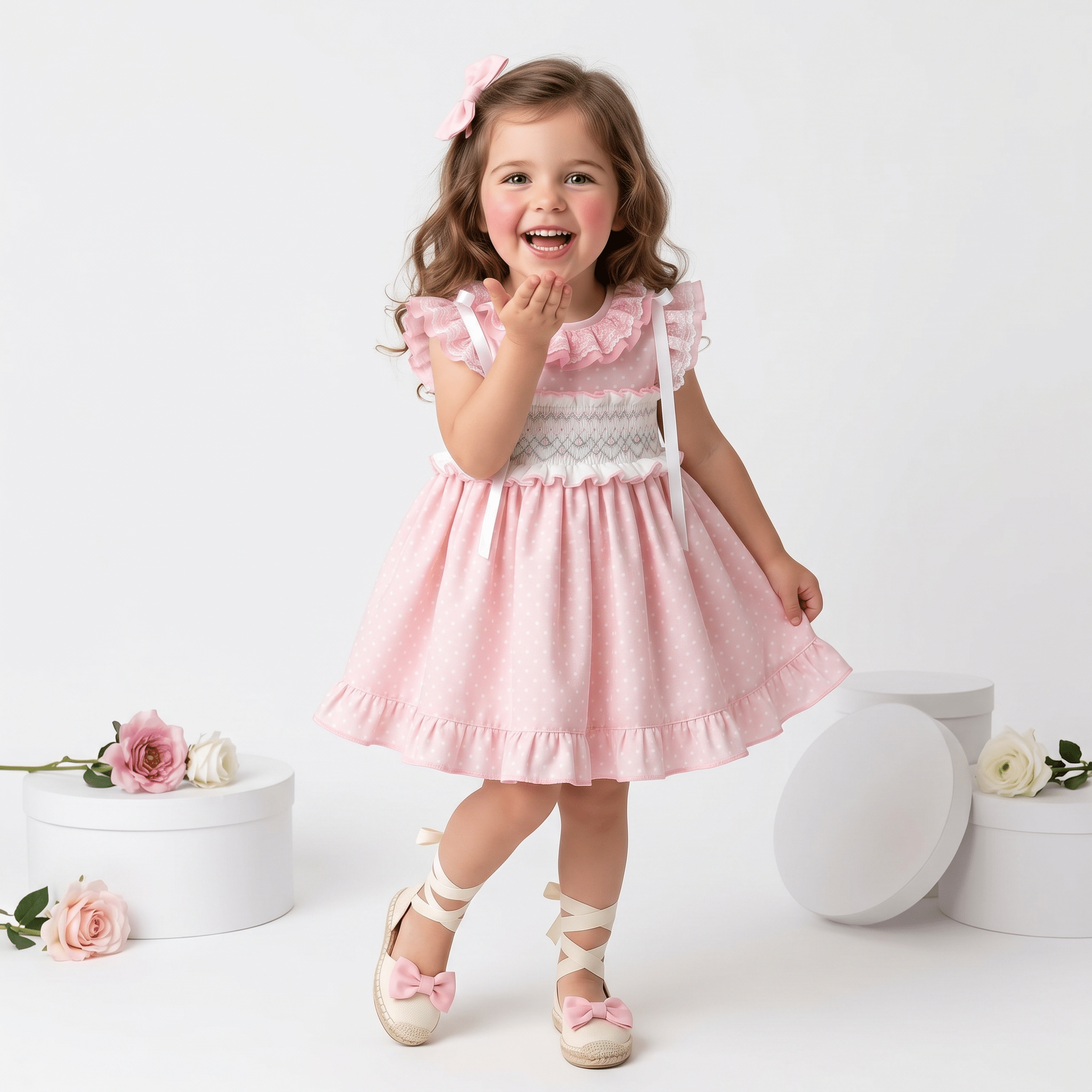 Girls pink polka dot smocked Spanish dress with lace collar, ribbon shoulder details and matching pink bow