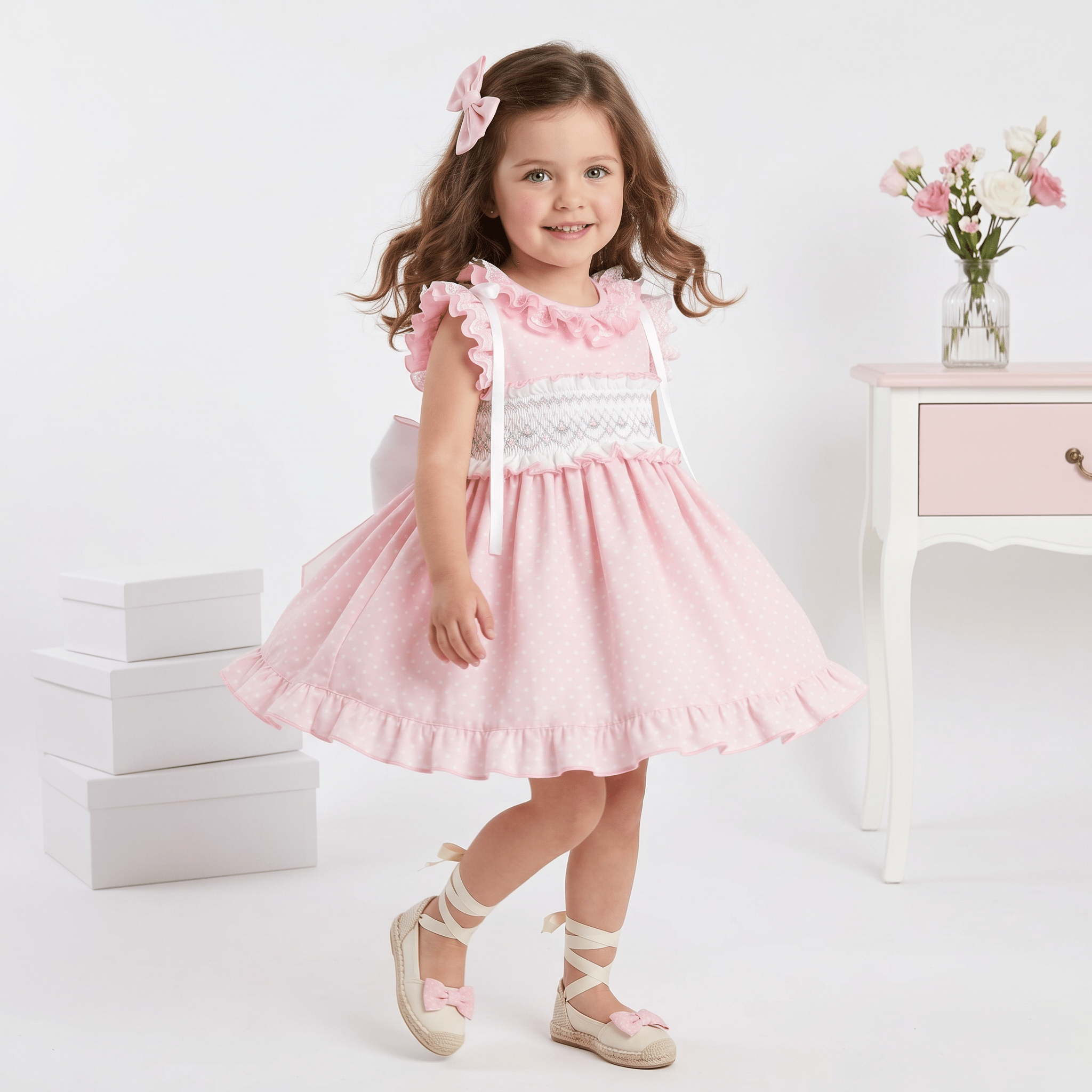 Pink polka dot girls smocked Spanish dress with lace collar, ribbon shoulder details and matching pink bow