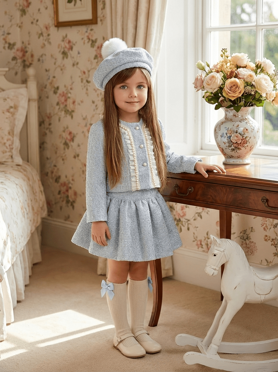 Girls luxury blue Chanel-inspired skirt and jacket set by Sonata with matching hat, SS26 made-to-order occasion wear.