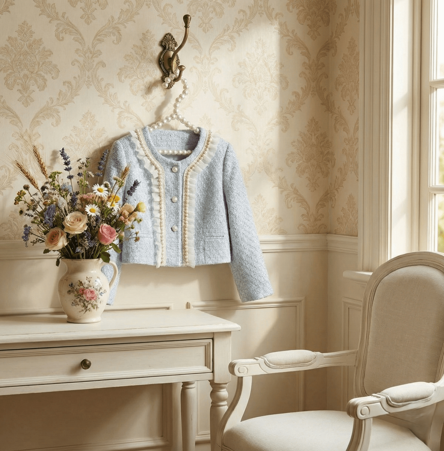 Girls luxury blue Chanel-inspired skirt and jacket set by Sonata with matching hat, SS26 made-to-order occasion wear.