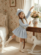 Girls luxury blue Chanel-inspired skirt and jacket set by Sonata with matching hat, SS26 made-to-order occasion wear.