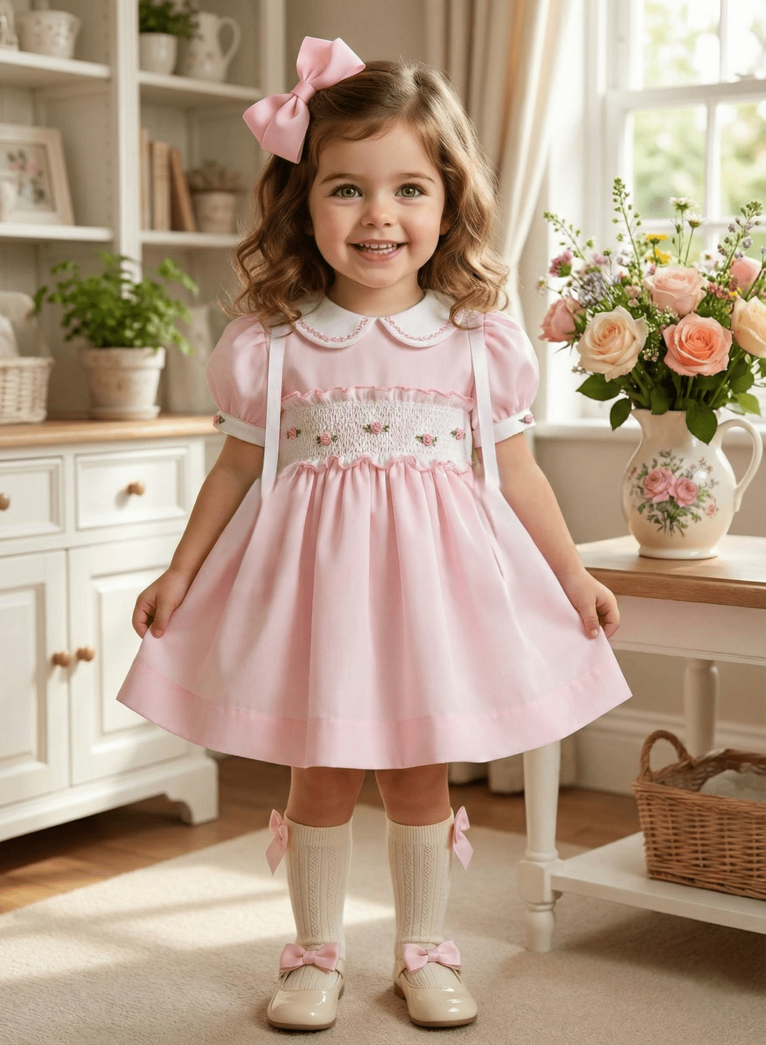 Sonata girls pink smocked dress with floral embroidery and puffball skirt from the SS26 collection, suitable for Easter and special occasions.