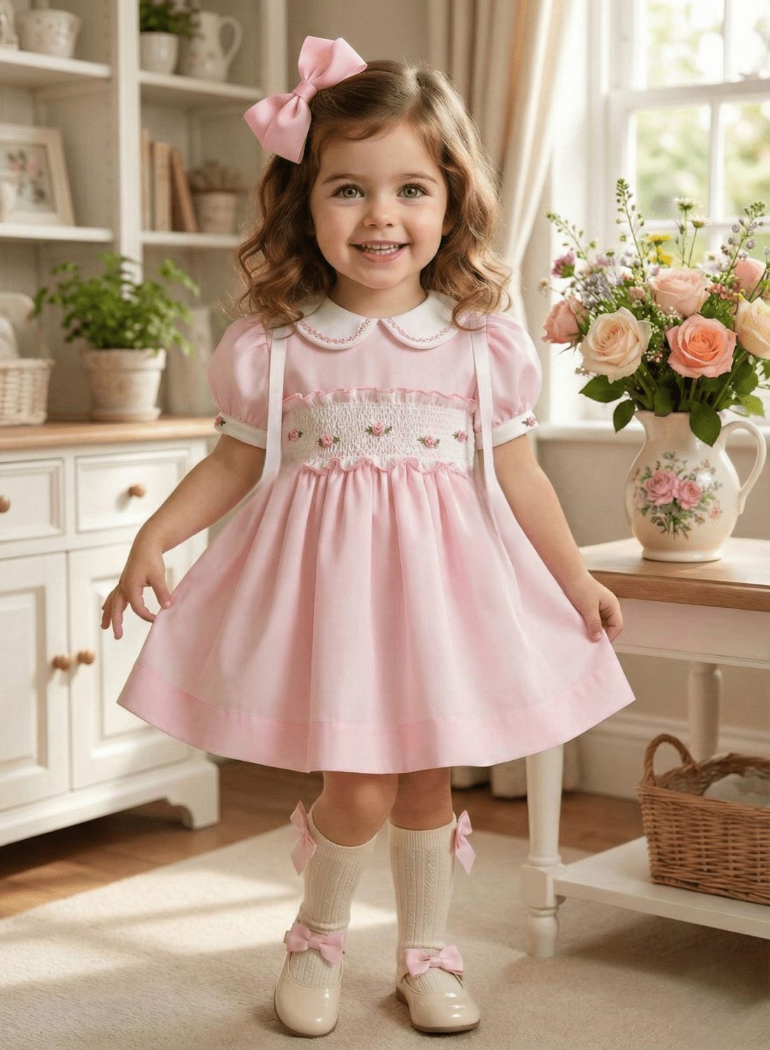 Sonata girls pink smocked dress with floral embroidery and puffball skirt from the SS26 collection, suitable for Easter and special occasions.