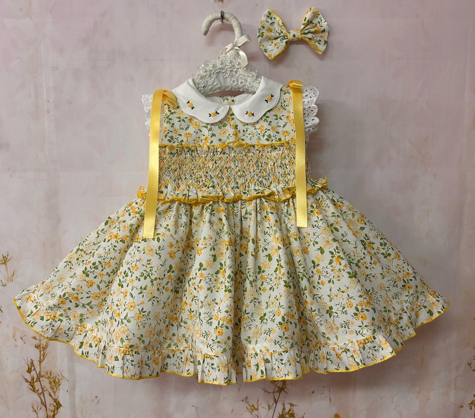 Sonata SS26 Yellow Floral Print Smocked Dress & Hair Bow