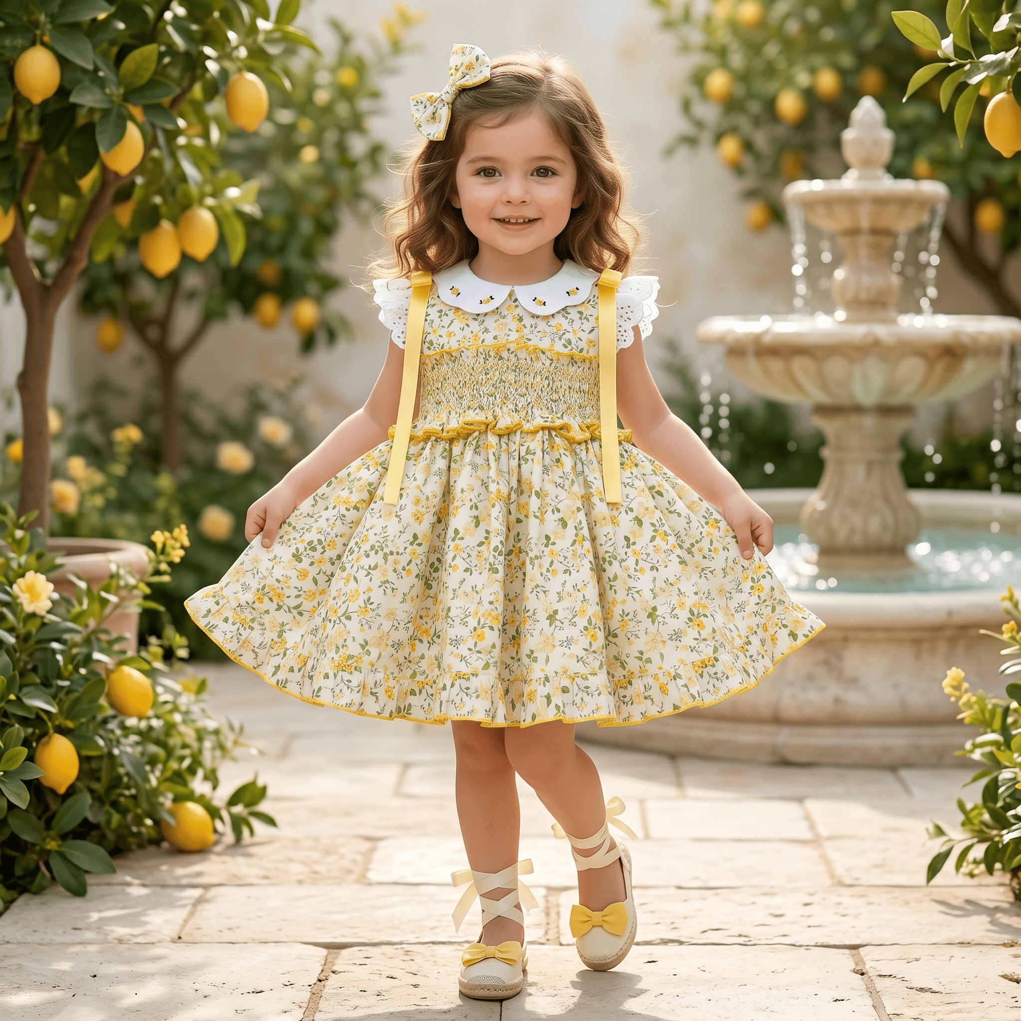 Sonata SS26 Yellow Floral Print Smocked Dress & Hair Bow