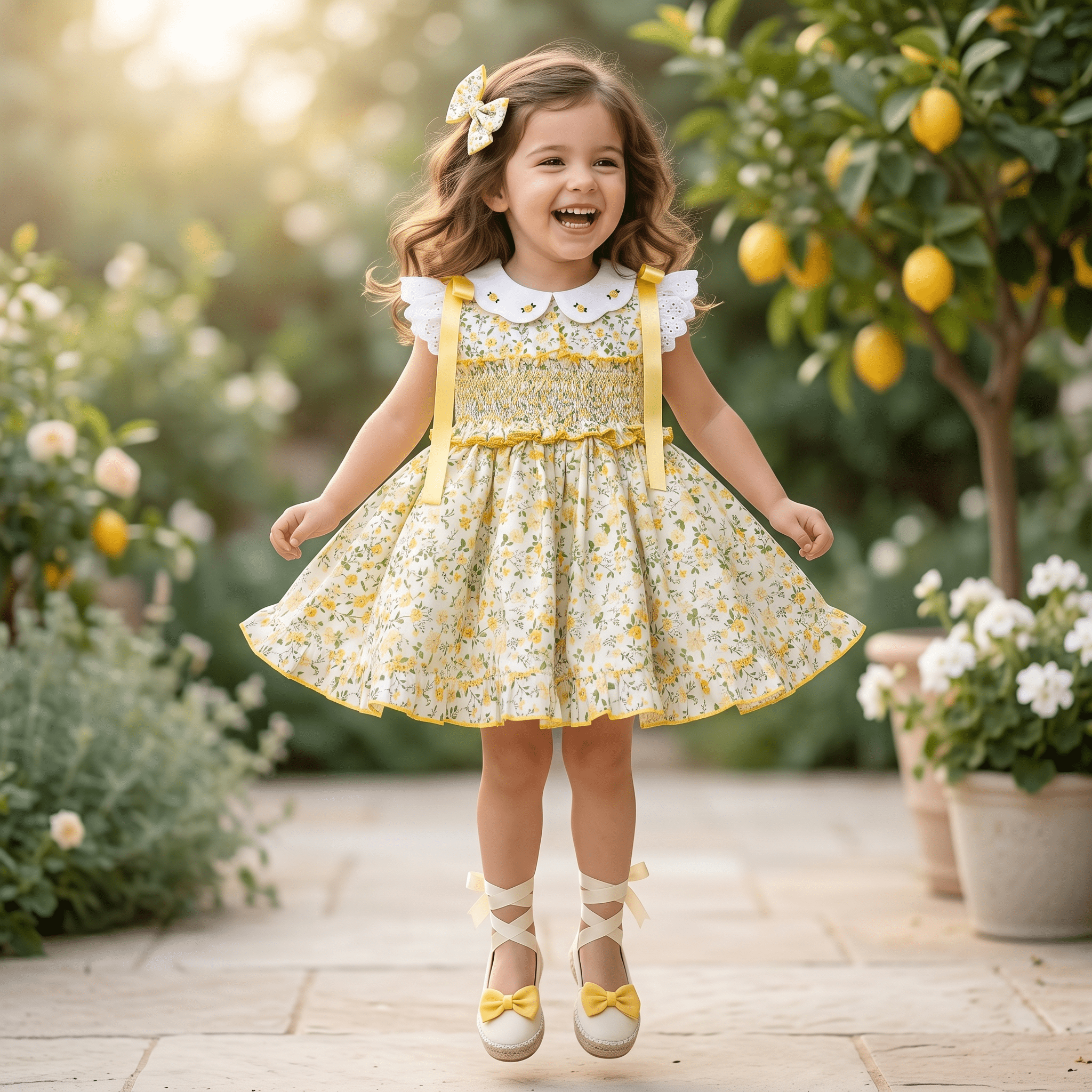 Sonata SS26 Yellow Floral Print Smocked Dress & Hair Bow