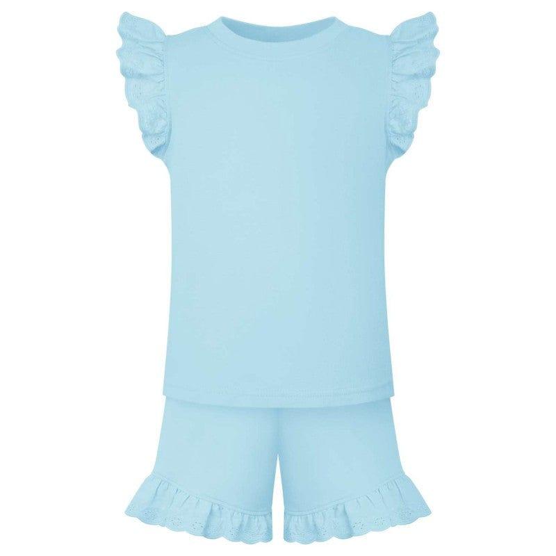 SS23 Loungewear - Girls Blue Cotton Anglaise Shorts & T-Shirt Set - Mariposa Children's Boutique