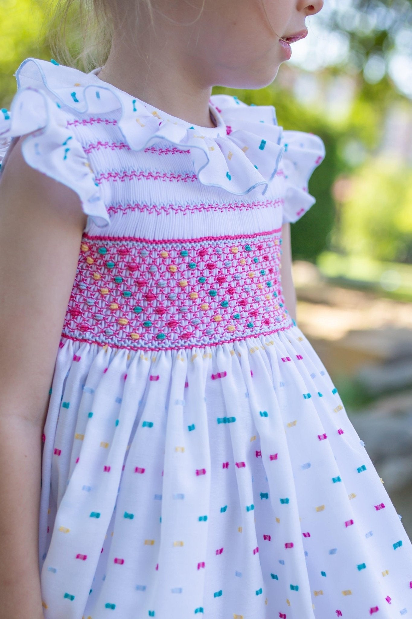 CLEARANCE SALE Naxos - Girls White & Multi Colour Smocked Dress 