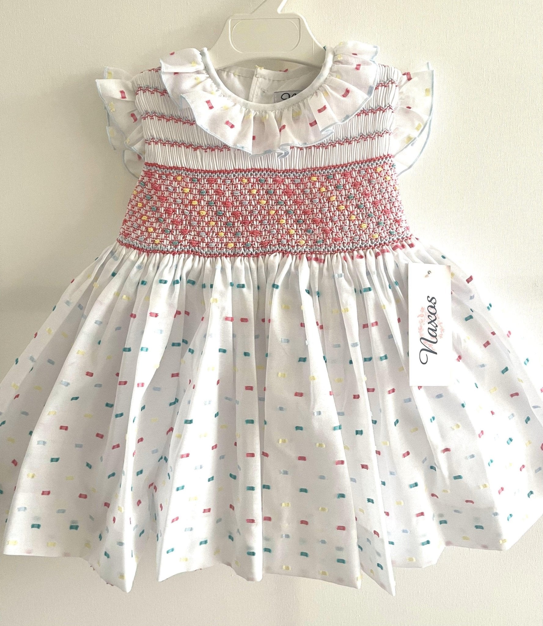 Naxos girls white and multi-coloured plumeti smocked summer dress 