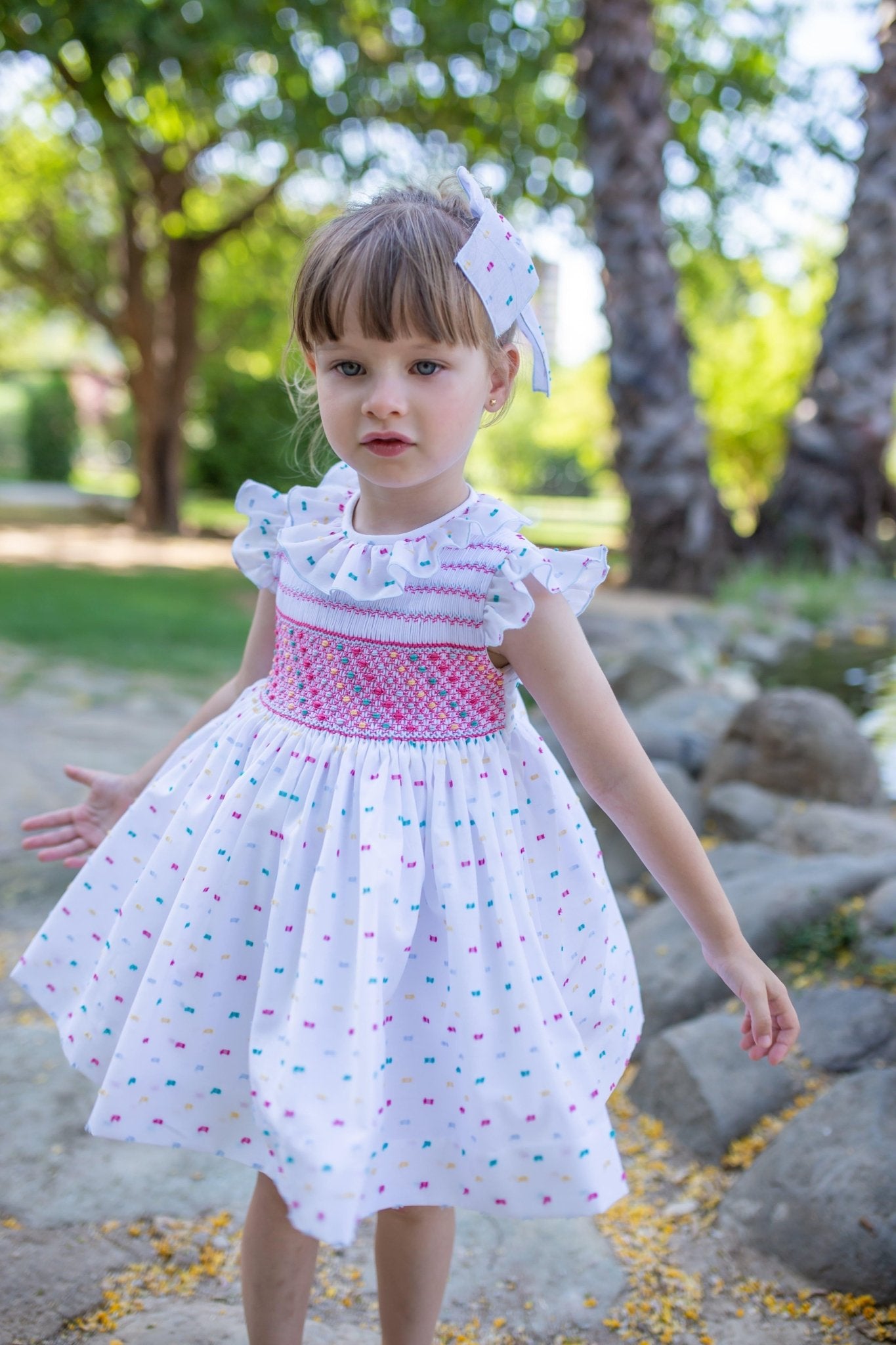 Naxos - Girls White & Multi Colour Smocked Dress - Mariposa Children's Boutique