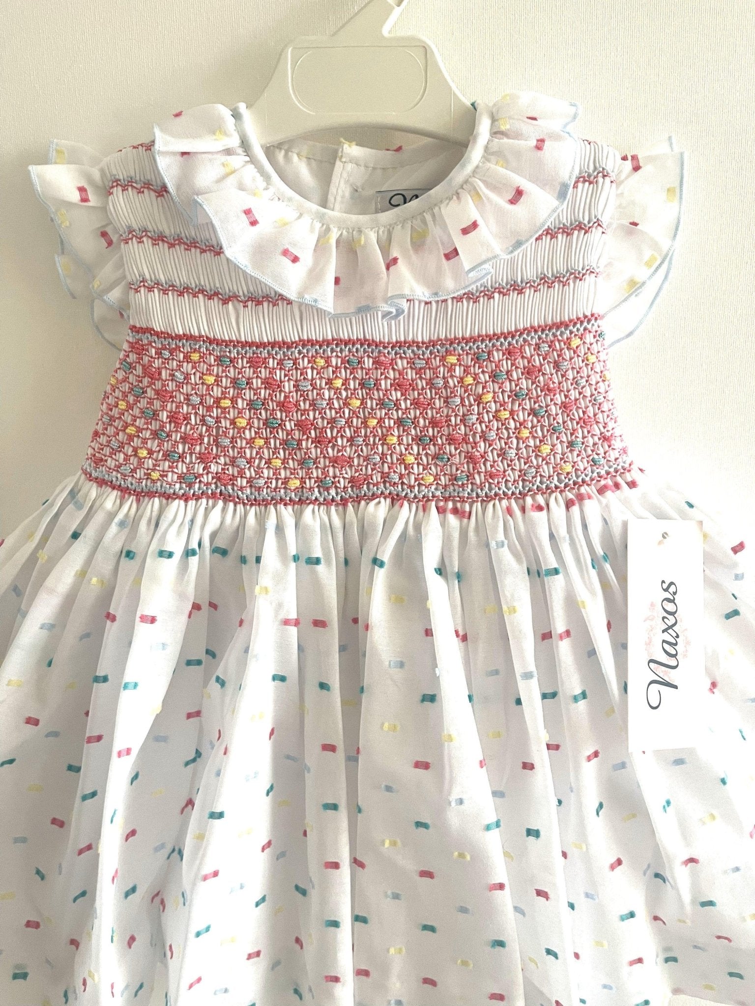 Naxos girls white and multi-coloured plumeti smocked summer dress 