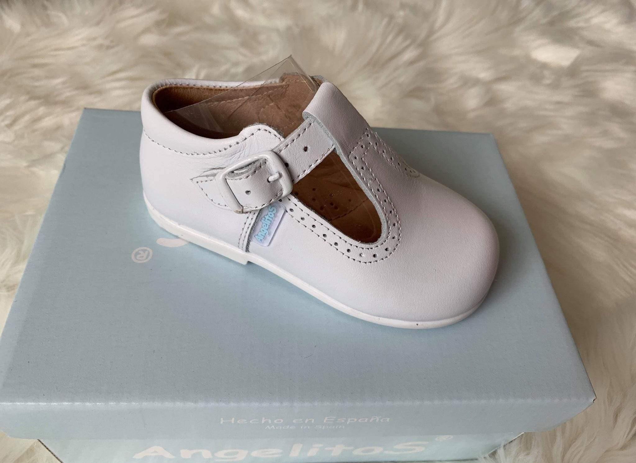 Angelitos Boys' White Leather T - Bar Shoes | Handmade in Spain - Mariposa Children's Boutique
