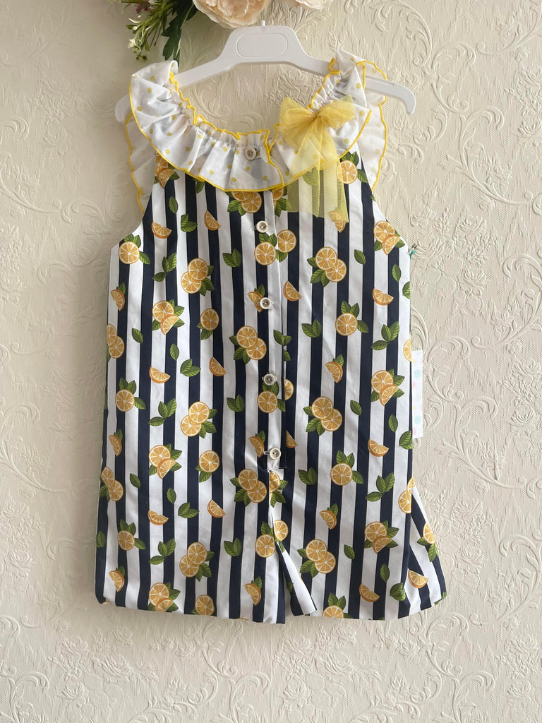 Alhuka SS22 - Granada Navy Stripe Lemons Print Playsuit - Mariposa Children's Boutique