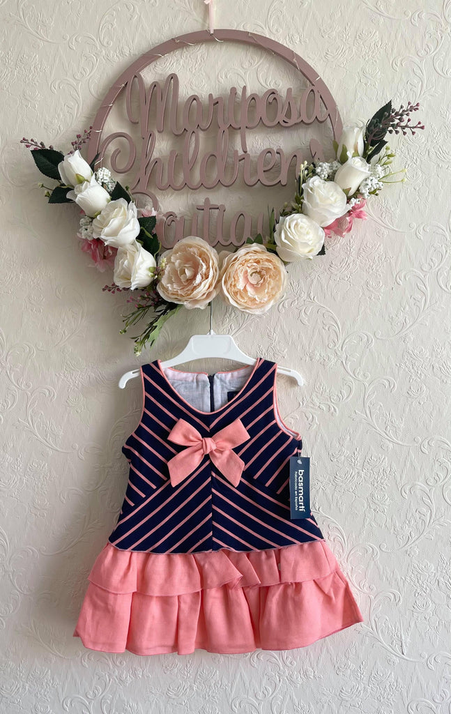 Basmarti SS21 - Navy & Coral Drop Waist Ruffle Dress - Mariposa Children's Boutique