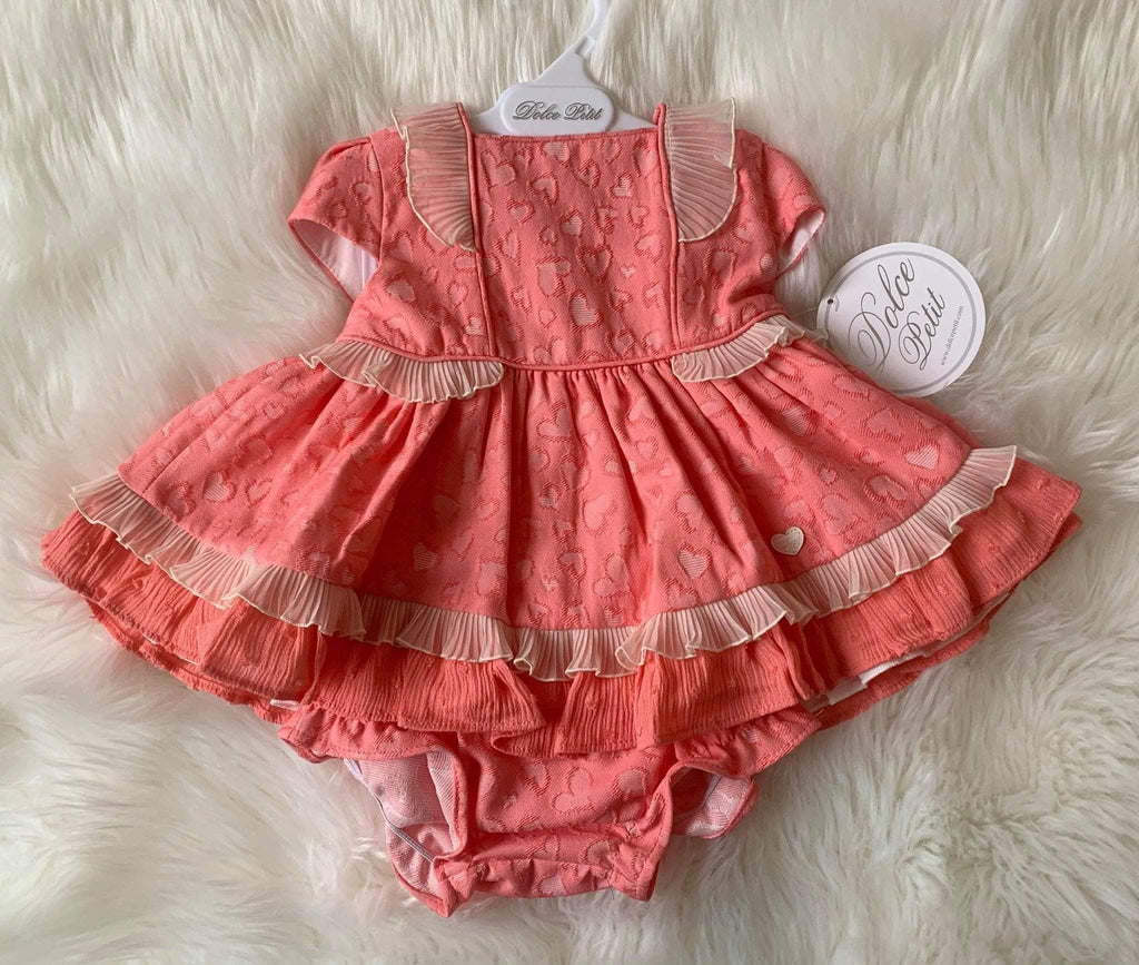 CLEARANCE DEAL - Dolce Petit - Coral & Cream Baby Dress & Matching Knickers 3m - Mariposa Children's Boutique