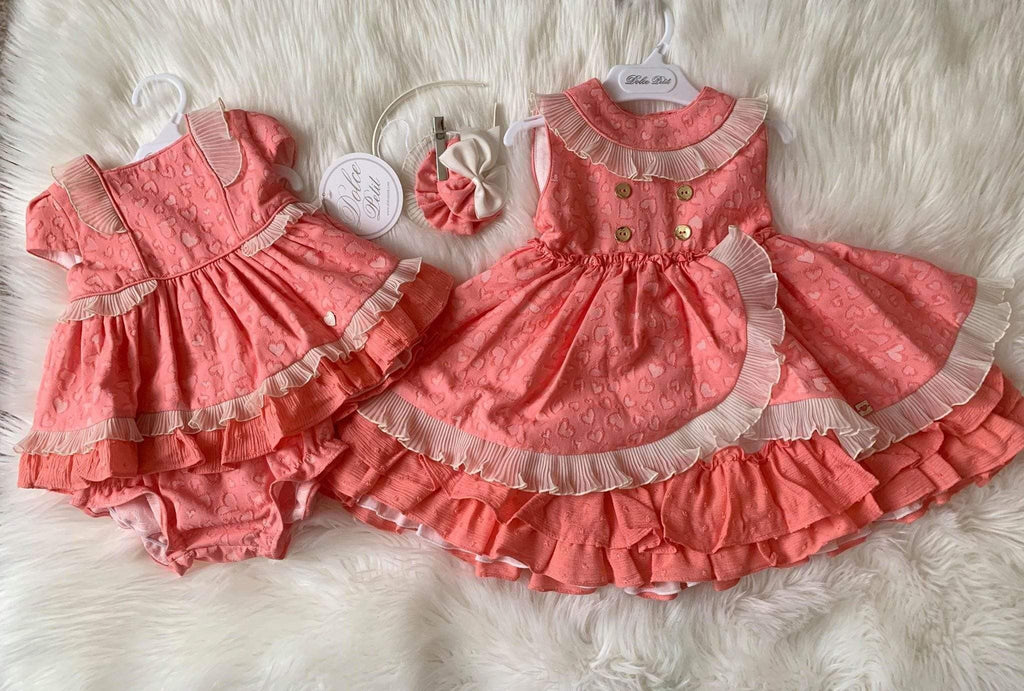 CLEARANCE DEAL - Dolce Petit - Coral & Cream Baby Dress & Matching Knickers 3m - Mariposa Children's Boutique