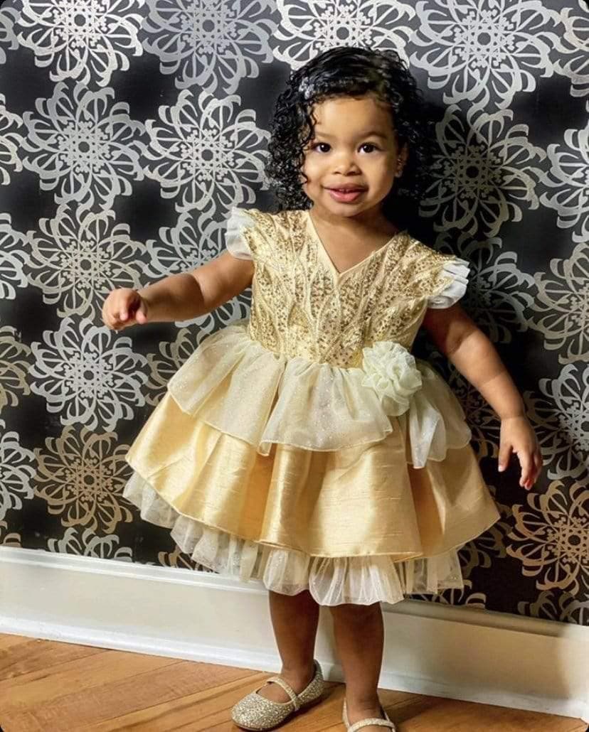 CLEARANCE DEAL - Exclusive - Gold & Sequin Design Puffball Dress 10yrs - Mariposa Children's Boutique