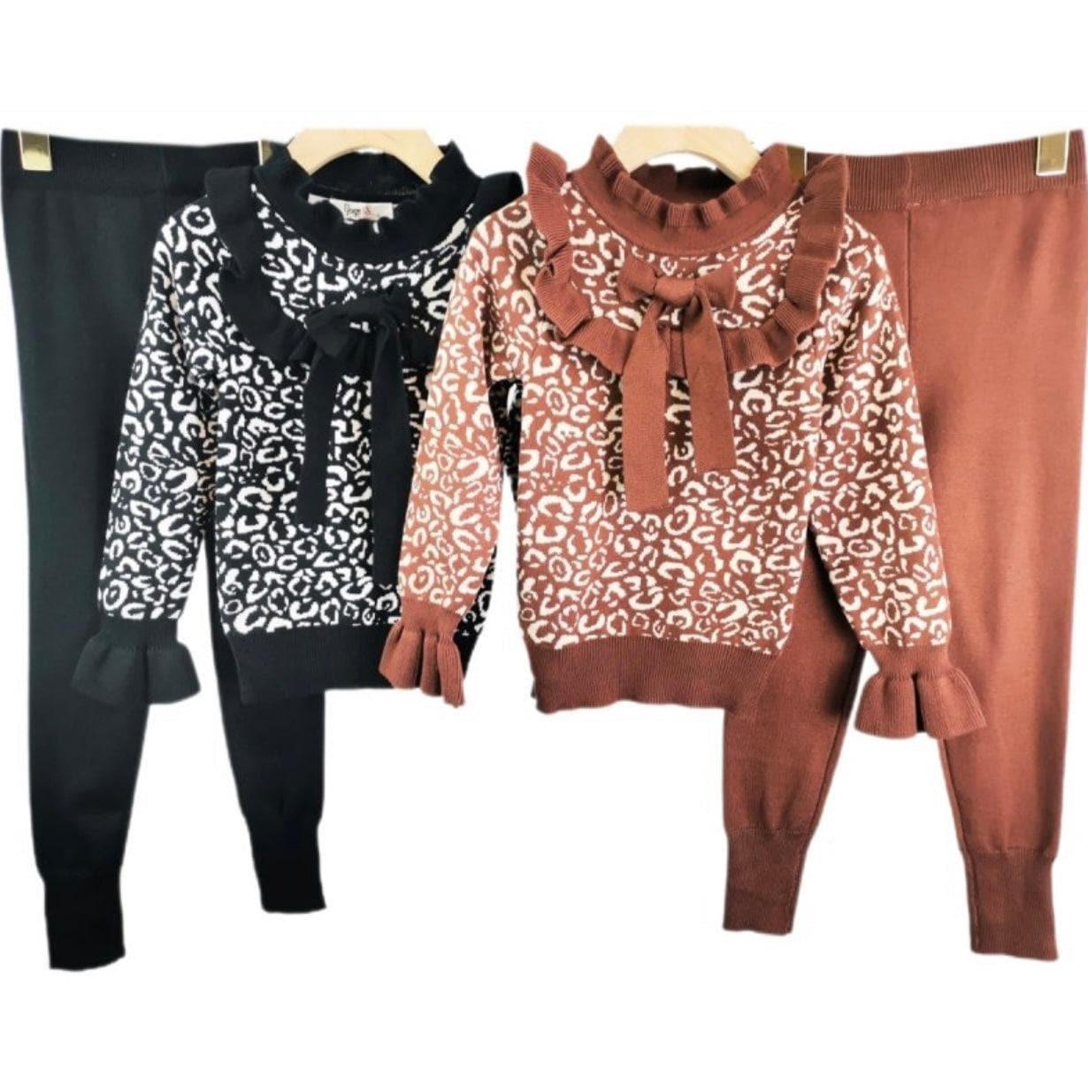 CLEARANCE DEAL - Loungewear - Girls Black Leopard Print Knitted Tracksuit - Mariposa Children's Boutique