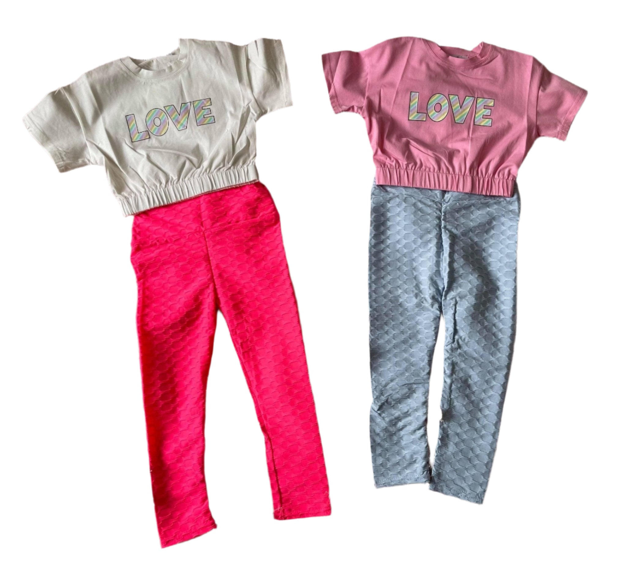 Loungewear - Girls Blue Honeycomb Leggings with Pink T-Shirt 