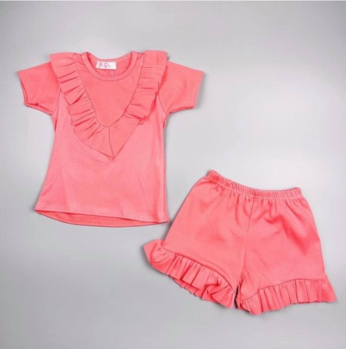 Mariposa Children's Boutique Loungewear Loungewear - Girls Coral Ruffle T-Shirt & Shorts