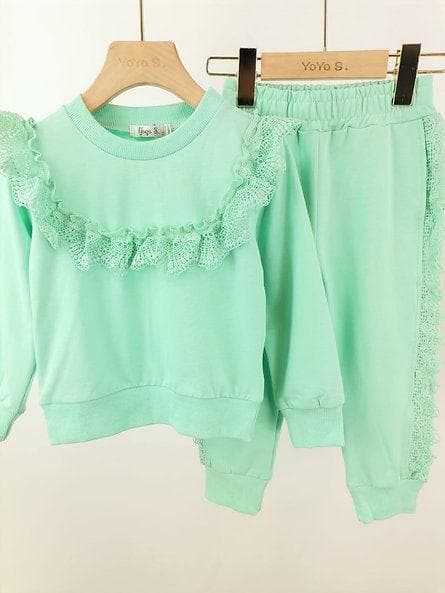 Loungewear - Embroidery Frill Mint Tracksuit - Mariposa Children's Boutique