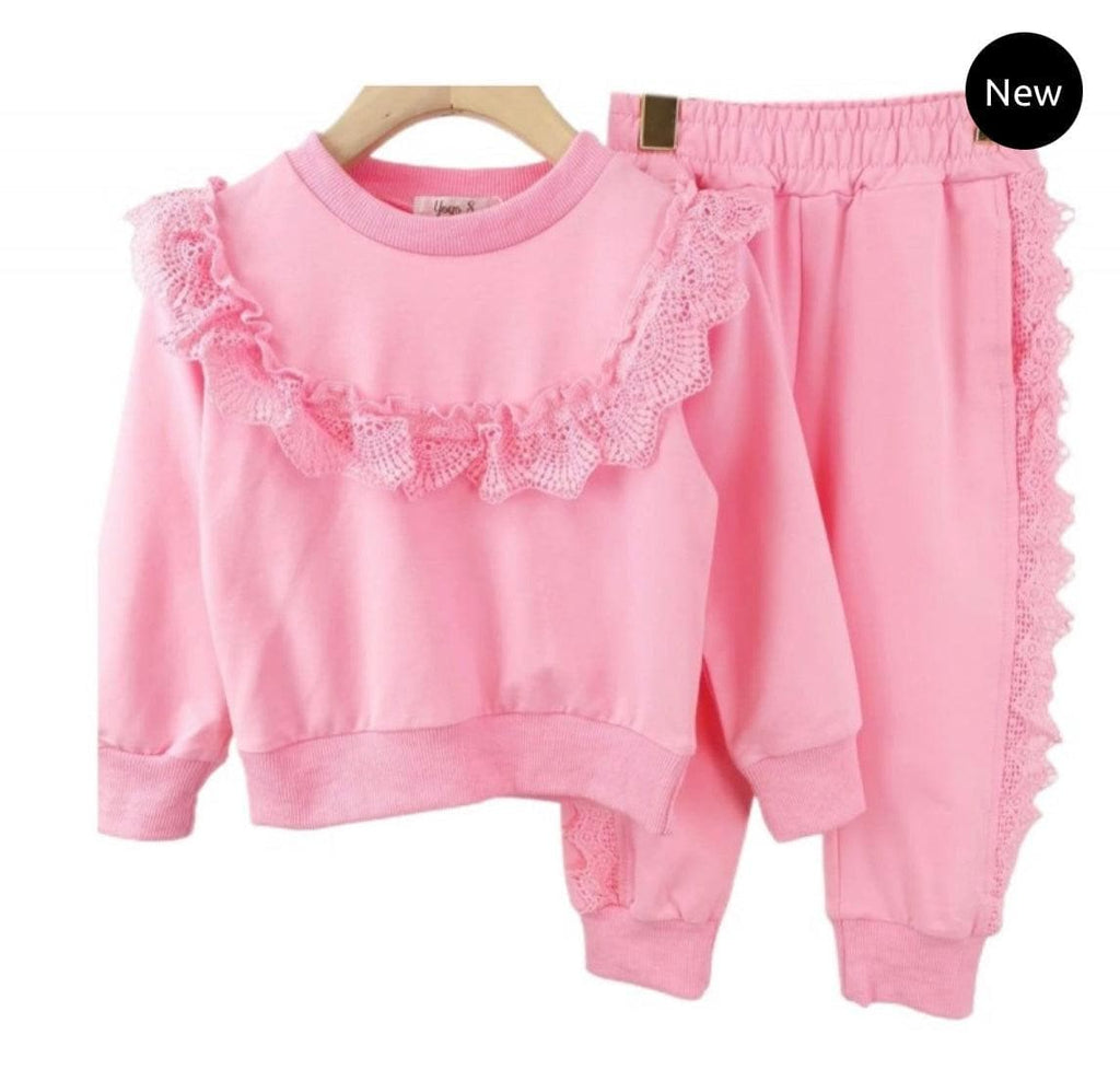 Loungewear - Embroidery Frill Pink Tracksuit - Mariposa Children's Boutique